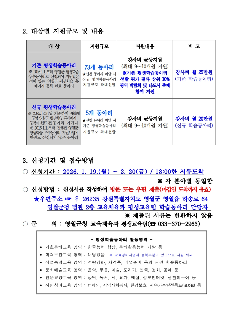 2026년 영월군 평생학습동아리 지원사업 공고 이미지 3 번 - 하단에 대체텍스트 제공