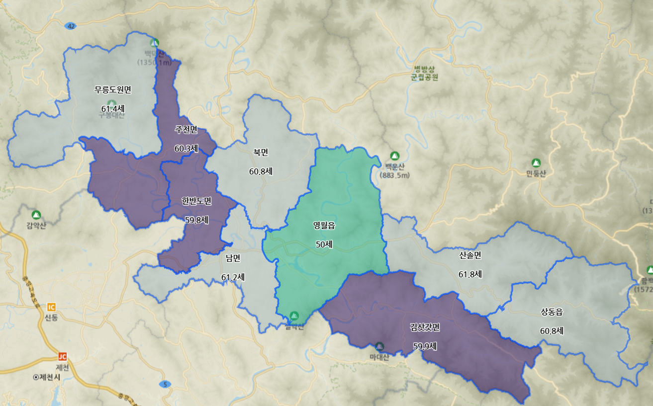 영월군 읍면별 평균연령 이미지