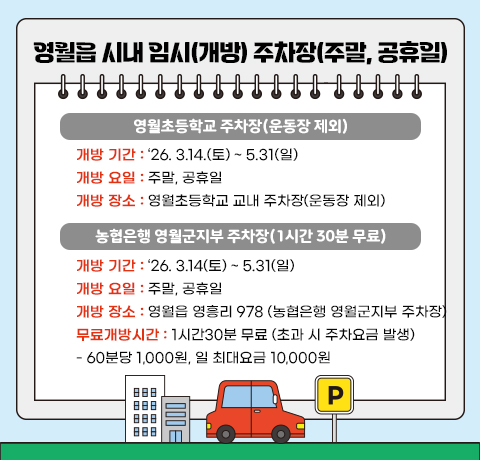 영월읍 시내 임시(개방) 주차장(주말, 공휴일)
 1. 영월초등학교 주차장(운동장 제외)
 * 개방 기간: ‘26. 3.14.(토) ~ 5.31(일)
 * 개방 요일: 주말, 공휴일
 * 개방 장소: 영월초등학교 교내 주차장(운동장 제외)
 2. 농협은행 영월군지부 주차장(1시간 30분 무료) * 개방 기간: ‘26. 3.14(토) ~ 5.31(일)
 * 개방 요일: 주말, 공휴일
 * 개방 장소: 영월읍 영흥리 978 (농협은행 영월군지부 주차장) * 무료개방시간: 1시간30분 무료 (초과 시 주차요금 발생)
    - 60분당 1,000원, 일 최대요금 10,000원