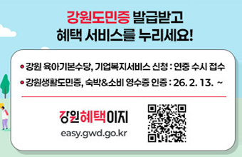 강원도민증 발급받고 혜택 서비스를 누리세요!
강원 육아기본수당, 기업복지서비스 신청 : 연중 수시 접수
강원생활도민증, 숙박&소비 영수증 인증 : 26.2.13.~
강원혜택이지
easy.gwd.go.kr