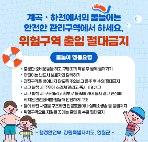 계곡ㆍ하천에서의 물놀이는 안전한 관리구역에서 하세요, 위험구역 출입 절대금지
○ 물놀이 행동요령
  - 충분한 준비운동을 하고 구명조끼 착용 후 물에 들어가기
  - 어린이는 반드시 보호자와 함께하기
  - 안전구역을 벗어나지 않도록 주의하고 음주 후 수영 절대금지
  - 사고 발생 시 주위에 소리쳐 알리고 즉시 119 신고
  - 사고 발생 시 구조하려고 함부로 물속에 뛰어 들지 말고 현장에 비치된 안전장비를 활용해 안전하게 구조
  - 물에 빠진 사람을 구조하면 인공호흡이나 심폐소생술 등 응급처지
  - 위험구역으로 지정된 곳에는 출입 및 수영 절대금지
- 행정안전부, 강원특별자치도, 영월군 -