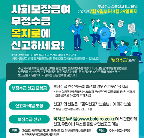 사회보장급여 부정수급 복지로에 신고하세요!
부정수급집중신고기간 운영
2025년 7월 9일부터 8월 29일까지
1551-1290에서 사회보장급여 및 보건복지분야 보조금의
부정수급 신고방법 및 처리 진행상황 등에 대해 자세한 상담을 받을 수 있습니다.
