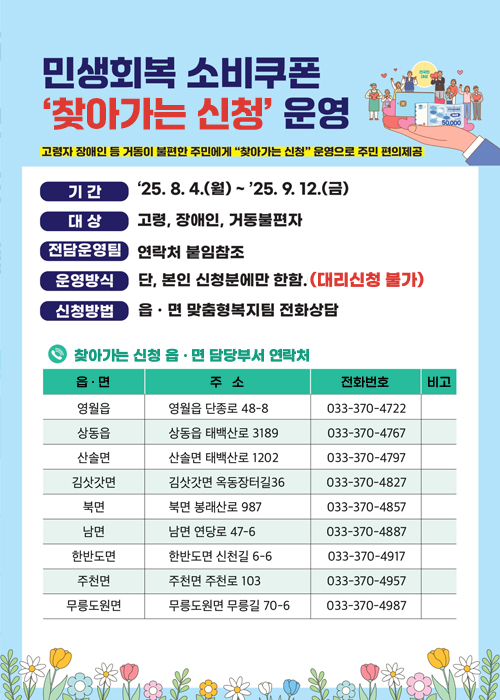 민생회복 소비쿠폰 찾아가는 신청 운영
/고령자, 장애인 등 거동이 불편한 주민에게 