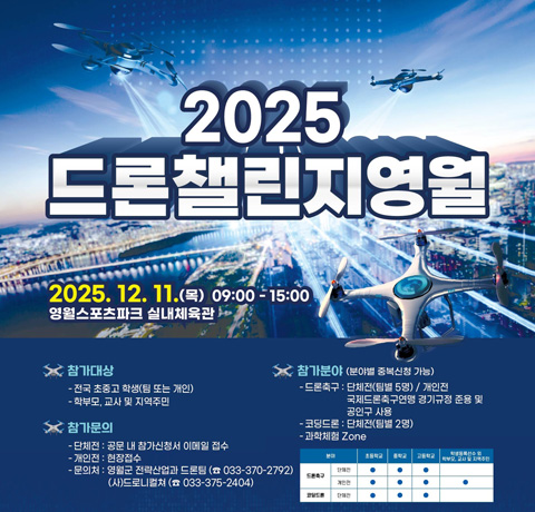 2025 드론챌린지 영월
2025.12.11(목) 09:00~15:00
영월스포츠파크 실내체육관
참가대상 
-전국 초중고 학생(팀 또는 개인)
- 학부모,교사 및 지역주민
참가문의
-단체전 : 공문 내 참가신청서 이메일 접수
-개인전 : 현장접수
-문의처 : 영월군 전략산업과 드론팀( 033-370-2792)
(사)드로니컬쳐(033-375-2404)
참가분야(분야별 중복신청 가능)
-드론축구 : 단체전(팀별 5명)/개인전 국제드론축구연맹 경기규정 준용 및 공인구 사용
-코딩드론 : 단체전(팀별 2명)
-과학 체험 Zone
분야/ 초등학교 / 중학교 / 고등학교/ 학생등록선수 외 학부모, 교사및 기역주민
/드론축구 : 단체전 : 초등학교o / 중학교o / 고등학교o/
개인전 : 초등학교o / 중학교o / 고등학교o/ 학생등록선수 외 학부모, 교사및 기역주민o
/코딩드론 : 단체전 : 초등학교o / 중학교o / 고등학교o/