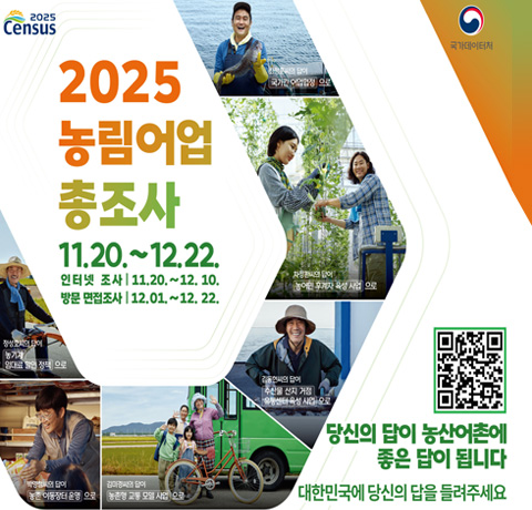 2025 농림어업 총조사
11.20~12.22
인터넷 조사 11.20 ~ 12.10
방문 면접조사 12.01 ~ 12.22 
큐알 링크 : https://www.affcensus.go.kr/main/ehpa/aa/ehpaaa100m01?adfrom=soff
당신의 답이 농산어촌에 좋은 답이 됩니다.
대한민국에 당신의 답을 들려주세요.