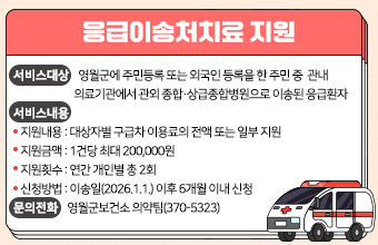 응급이송처치료 지원
 ○ 서비스대상: 영월군에 주민등록 또는 외국인 등록을 한 주민 중 
                관내 의료기관에서 관외 종합⦁상급종합병원으로 이송된 응급환자
  ○ 서비스내용
     지원내용: 대상자별 구급차 이용료의 전액 또는 일부 지원
     지원금액: 1건당 최대 200,000원
     지원횟수: 연간 개인별 총 2회
     신청방법: 이송일(2026.1.1.) 이후 6개월 이내 신청

  ○ 문의전화: 영월군보건소 의약팀(370-5323)