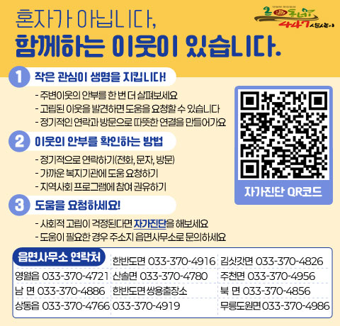 혼자가 아닙니다, 함께하는 이웃이 있습니다.
1. 작은 관심이 생명을 지킵니다!
- 주변이웃의 안부를 한 번 더 살펴보세요
- 고립된 이웃을 발견하면 도움을 요청할 수 있습니다.
- 정기적인 연락과 방문으로 따뜻한 연결을 만들어가요
2. 이웃의 안부를 확인하는 방법
- 정기적으로 연락하기(전화, 문자, 방문)
- 가까운 복지기관에 도움 요청하기
- 지역사회 프로그램에 참여 권유하기
3. 도움을 요청하세요!
- 사회적 고립이 걱정된다면 자가진단을 해보세요(자가진단 QR코드:https://form.naver.com/response/fa7UfsYBCFUcMbxs334pmw)
- 도움이 필요한 경우 주소지 읍면사무소로 문의하세요
[읍면사무소 연락처]
영월읍 033-370-4721
남  면 033-370-4886
상동읍 033-370-4766
한반도면 033-370-4916
산솔면 033-370-4780
한반도면 쌍용출장소 033-370-4919
김삿갓면 033-370-4826
주천면 033-370-4956
북  면 033-370-4856
무릉도원면 033-370-4986