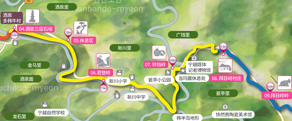 酒泉里, 新川里, 广钱里, 金马里, 龙石里, 瓮亭里, 酒泉多韩牛村, 宁越自然学校, 新川小学, 新川中学, 瓮亭小公园, 当玛露休息处, 宁越媒体记者博物馆, 韩半岛地形, 快然赍陶瓷美术馆
