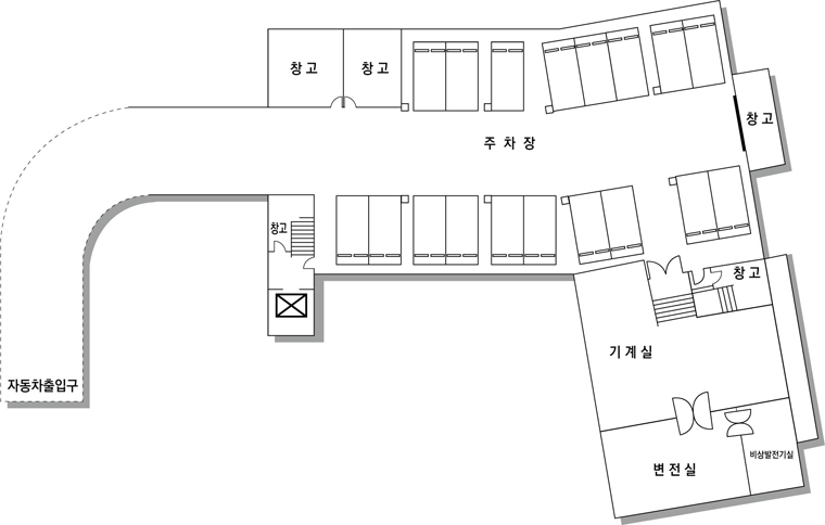 자동차출입구,창고,주차장,기계실,변전실,비상발전기실