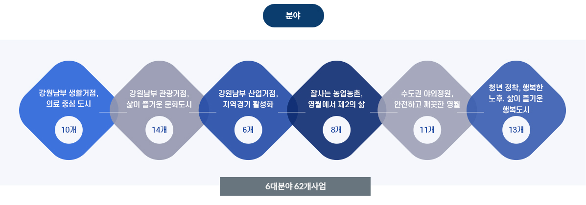 분야/강원남부 생활거점, 의료 중심 도시(10개), 강원남부 관광거점, 삶이 즐거운 문화도시(14개), 강원남부 산업거점, 지역경기 활성화(6개), 잘사는 농업농촌, 영월에서 제2의 삶(8개), 수도권 야외정원, 안전하고 깨끗한 영월(11개), 강원남부 생활거점, 의료 중심도시(13개)