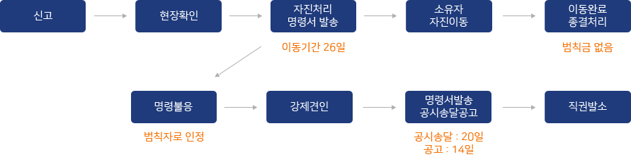 신고→현장확인→자진처리 명령서 발송→소유자 자진이동→이동완료 종결처리(범칙금 없음), 신고→현장확인→자진처리 명령서 발송(이동기간 26일)→명령불응(범칙자로 인정)→강제견인→명령서발송 공지송달공고(송시송달:20일, 공고:14일)→직권발소
